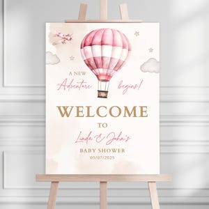 Cartello di benvenuto con mongolfiera rosa, striscione di benvenuto per baby shower con aeroplano per bambina, palloncino e aeroplano rosa, baby shower da viaggio