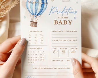 Predictions for the Baby, Blue Hot Air Balloon, Travel Baby Shower Theme, Predictions and Advice