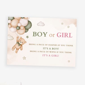 Tarjeta de pañales o toallitas húmedas para niño o niña, boletos de rifa para revelación de género, tarjeta para baby shower con osito de peluche verde salvia y rosa