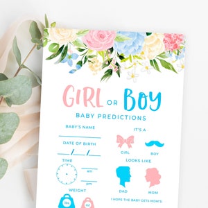 Cartes de prédiction de bébé, jeu de fête de révélation de sexe, idées de révélation de sexe bleu et rose fard à joues, garçon ou fille bébé douche jeu de devinettes