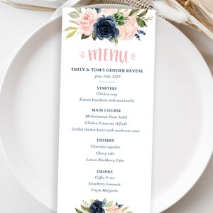 Editable Navy and Blush Menu Gender Reveal Menu Template Elegant Menu Baby Shower Sprinkle Baptism Birthday Editable Menu
