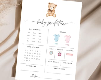 Brown Teddy Bear Baby Predictions Card, Teddy Bear Baby Shower Game Gender Neutral, We Can Bearly Wait Baby Predictions