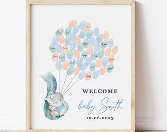 EDITABLE Blue Elephant Fingerprint Guest Book Alternative, Thumbprint Baby Shower Guestbook for Baby Boy, Elephant Birthday Party Guestbook