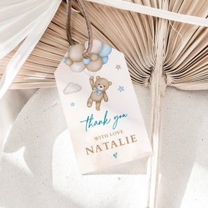 EDITABLE Teddy Bear Favor Tag Template, We Can Bearly Wait Baby Shower Thank You Tag, Blue Bear Birthday Editable Favour Tag