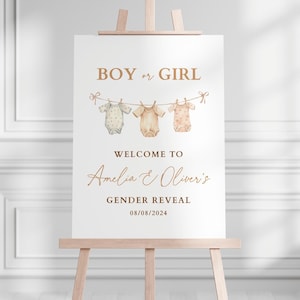 Boho Gender Reveal Welcome Sign, Vintage Baby Clothes Gender Reveal Welcome Poster, Boy or Girl Boho Clothesline Gender Reveal Party