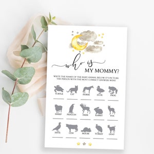 Who Is My Mommy Animal Game, Who Is My Mamma Printable Baby Games, Twinkle Twinkle Little Star Baby Shower, Moon and Stars Theme Neutral