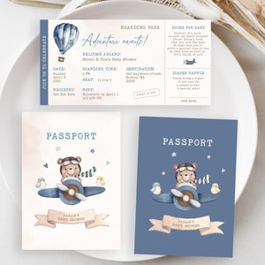 Ensemble d'invitations pour baby shower passeport, invitation pour baby shower de voyage et carte d'embarquement, aventure vous attend en montgolfière et en avion
