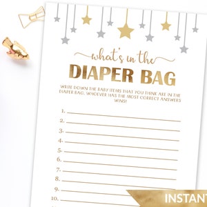 Guess What&#39;s In the Diaper Bag, Baby Shower Guessing Game, Gold Sparkle Baby Shower, Twinkle Twinkle Little Star Gender Neutral Games