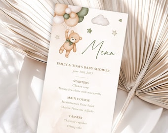 Sage Green Teddy Bear Menu Printable, Gender Neutral Baby Shower Menu Card, Gender Reveal Party Menu Teddy Bear We Can Bearly Wait