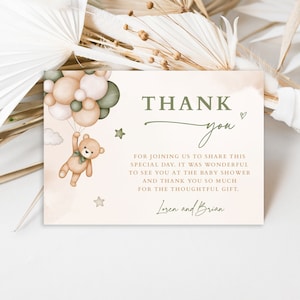 Carte de remerciement ours en peluche vert baby shower, cartes de remerciement fête de révélation du sexe vert sauge, thème We Can Bearly Wait