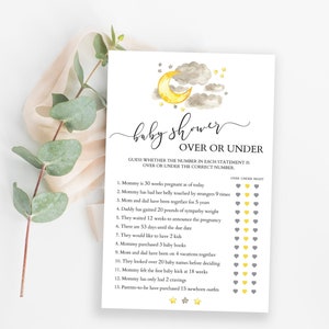 Over or Under Baby Shower Game, Printable Games, Baby Shower Activity, Games for Baby Shower, Moon and Stars Theme, Gender Neutral Games