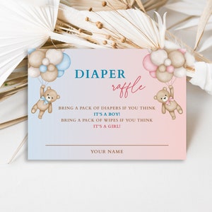 Windel-Gewinnspiel-Ticket zur Geschlechter-Enthüllungsparty, blaue und rosa Teddybären zur Geschlechter-Enthüllung der Windel-Gewinnspiel-Karten, wir können es kaum erwarten