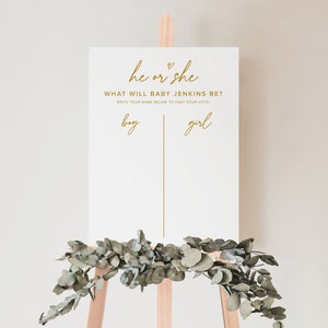 He or She What Will Baby Be Minimalistic Sign, Beige Gender Reveal Party Guess Board, Gender Neutral Beige Minimal Baby Shower
