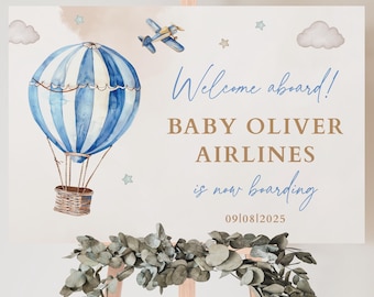 Hot Air Balloon and Airplane Welcome Banner, Travel Themed Baby Shower Welcome Sign, Adventure Awaits Airlines Theme, Editable Welcome Sign