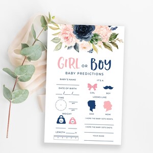 Babyvoorspellingskaarten Digitaal geslachtsonthullingsfeestspel Marineblauw en blosroze genderonthullingsideeën Ideeën voor geslachtsonthulling voor jongen of meisje