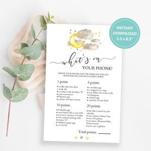 What&#39;s On Your Phone, Baby Shower Games, Twinkle Twinkle Little Star Theme, Gender Neutral Games, Moon and Stars Baby Shower Printable