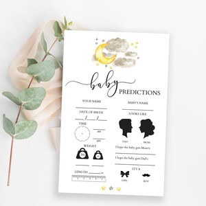 Tarjeta de predicciones para bebés, Predicciones para bebés de revelación de género, Juegos de baby shower de género neutro, Tema de luna y estrellas, Te amo hasta la luna y de regreso