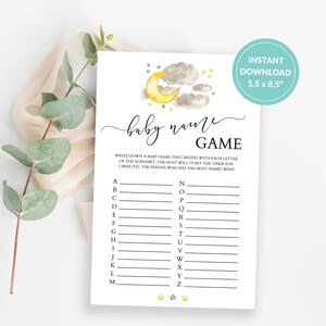 Baby Name Game, Baby Name Race, Moon and Stars Baby Shower Games, Gender Neutral, Twinkle Twinkle Little Star Theme, Printable Games