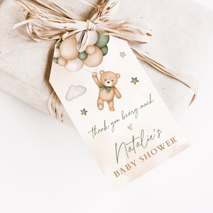 Sage Green Teddy Bear Favor Tag Baby Shower, geschlechtsneutrales grünes Bevorzugungsetikett druckbar, wir können bearbeitbare Bevorzugungsetiketten warten