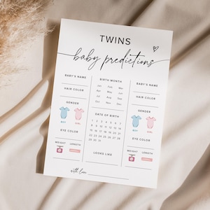 Tweelingbabyvoorspellingen, minimale babyvoorspellingskaart voor tweeling, minimalistische tweelingbaby's raden babyshowerspelactiviteit
