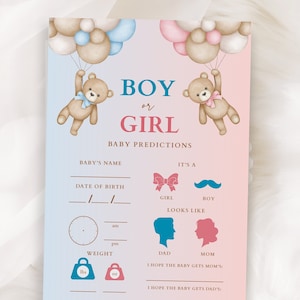 Baby Prediction Cards Digital Bear Gender Reveal Party Boy or Girl Gender Reveal Idea He or She Guessing Game