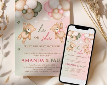 Sage and Pink Teddy Bear, Gender Reveal Invitation, Olive Green and Blush Invitation