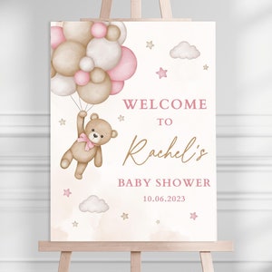 Pink Teddy Bear Baby Shower Welcome Poster, Blush Pink Bear and Balloons Baby Girl Theme, We Can Bearly Wait Pink Decoration, Welcome Yard