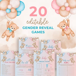 EDITIERBARE Gender Reveal Spiele Bundle Teddybären, Rosa und Blaue Bären Baby Shower Spiele Paket, Wir können Bealy warten bearbeitbare Spiele
