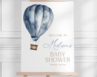 Placa de boas-vindas para chá de bebê com tema de balão de ar quente, Placa de boas-vindas para chá de bebê de menino, A aventura espera por você, Para o alto e avante, Chá de bebê com balão de ar quente azul