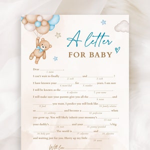 Carta de juego Mad Libs para bebé, Baby Shower de oso de peluche azul Mad Libs, Globos de oso de peluche azul Podemos esperar Mad Libs para bebé niño
