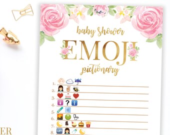 Baby Shower Emoji Game, Emoji Pictionary, Pink Floral Baby Emoji Game, Gold Boho Baby Shower Games, Girl Baby Shower Bohemian Theme