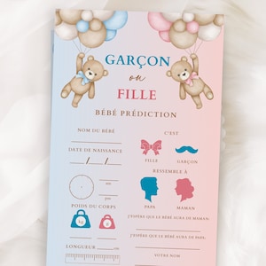 FRANSE Garçon ou Fille Bébé Voorspellingskaart teddybeer Gender Reveal Party Boy of Girl Baby Prediction Card afdrukbaar