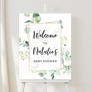 EDITABLE Welcome Greenery Baby Shower Sign, Greenery Themed Baby Shower, Welcome Sign Rustic Greenery Eucalyptus