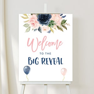 Navy and Blush Gender Reveal Sign Reveal Welcome Sign Printable Floral Baby Reveal Ideas Navy Blue and Blush Pink Pregnancy Reveal Sign
