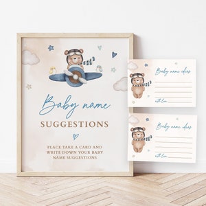 Baby Name Suggestions Travel Baby Shower, Blue Teddy Bear Airplane Baby Shower, Baby Name Ideas Cards, Adventure Awaits Baby Shower
