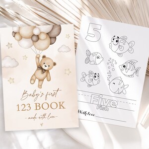 Baby&#39;s First Numbers Coloring Book Beige Teddy Bear Baby Shower 123 Coloring Book Gender Neutral Theme Bear Balloons