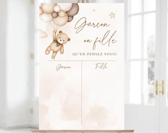 Poster Garçon ou fille MODIFIABLE, français What Will Baby Be Beige ours en peluche, Devinez le sexe
