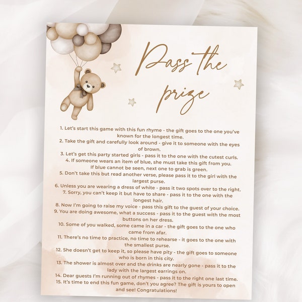 Pass the Prize Baby Shower Game, Pass the Parcel Teddy Bear Baby Shower, Brown Bear Gender Neutral Theme, Pass the Prize Poem Printable