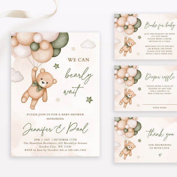 EDITABLE Green Teddy Bear Invitation Set Baby Shower, Digital Invitation, Diaper Raffle Ticket, Books for the Baby Ticket and Thank You Card