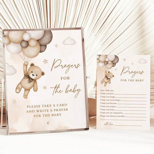 Gender Neutral Teddy Bear Prayers for the Baby Sign and Cards, Beige Bear Balloons Gender Reveal Prayers for Baby Printable