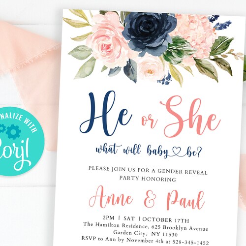 He or She Gender Reveal Invitation Navy and Blush Editable - Etsy