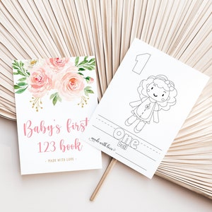 Livro de primeiros números do bebê, chá de bebê rosa blush, 123 livro para colorir, livro de histórias para chá de bebê, números para colorir para impressão