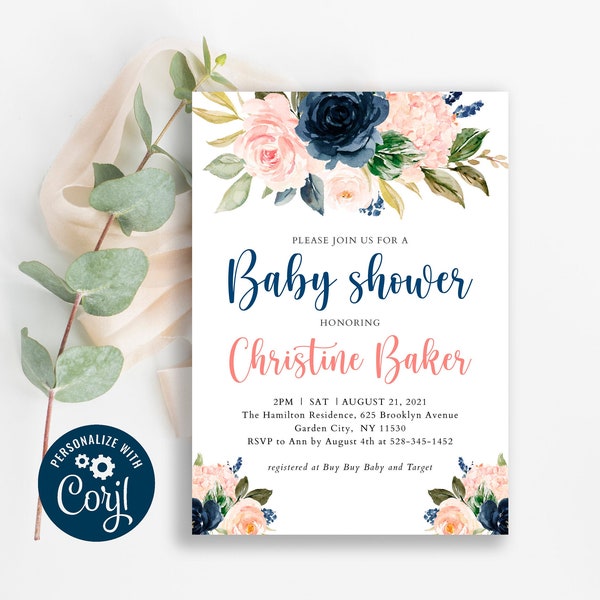 Navy and Blush Baby Shower Invitation, Editable Baby Shower Invite Template, Navy Blue and Blush Party Invite Printable