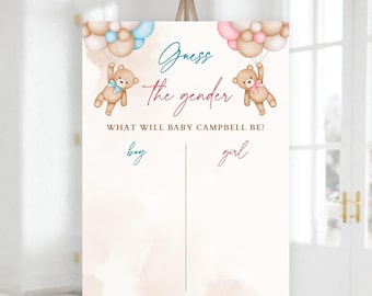 Adivina el signo de género, ¿quién será el bebé? Póster editable, fiesta de revelación de género con osos de peluche azules y rosas, emite tu voto