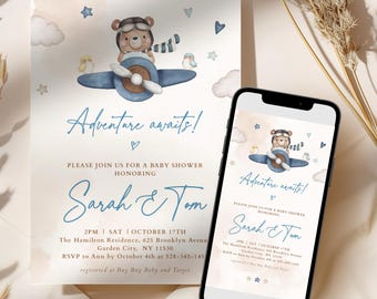 Adventure Awaits Baby Shower Invitation, Airplane Travel Baby Shower, Blue Teddy Bear in Airplane Invitation for Baby Boy Editable Template