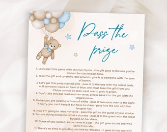 Pass the Prize Game Blue Teddy Bear Baby Shower Theme for Baby Boy, We Can Bearly Wait Light Blue Bear and Balloons, Pass the Parcel Game