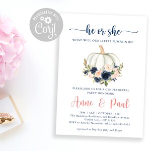 Gender Reveal Pumpkin Invitation, Navy and Blush Gender Reveal Invitation, He or She Pumpkin Invite, Editable Template Navy Blue and Blush