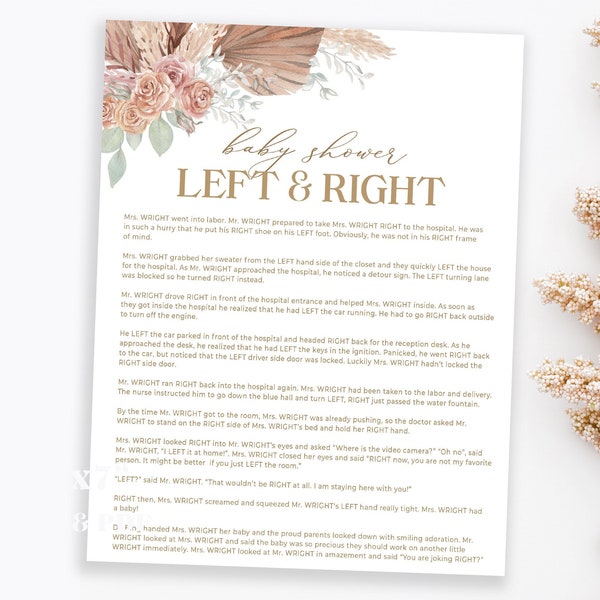 Left Right Baby Shower Story Game, Pampas Grass Baby Shower, Left or Right Poem Baby Shower, Rustic Boho Baby Game Printable