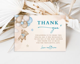 EDITABLE Thank You Card Blue Teddy Bear Baby Shower, We Can Bearly Wait Printable Thank You Notes