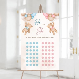 He or She What Will Baby Be, Gender Guess Banner with Circles, Bear with Pink and Blue Balloons Baby Gender Reveal Game, Cast Your Vote